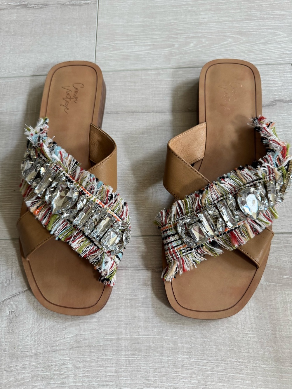 Crown Vintage Tan Embellished Fringe Slide Sandals